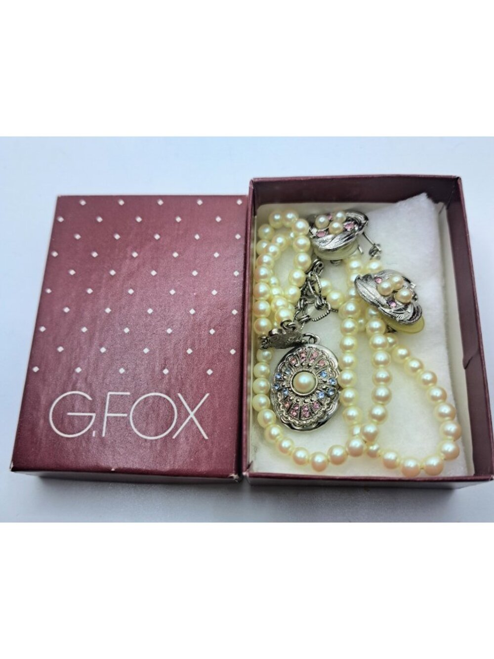 Vintage Women's Faux Pearls Oval Locket Necklace Earring Set Pink & Blue Stones